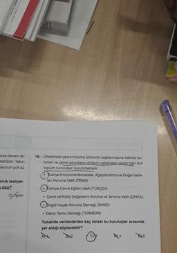 2700 s
aya devam et-
maktadır. Yakın
usunun çok az
omik faaliyet-
olur?
C) Tarım
18. Ülkemizde çevre koruma bilincinin sağlanmasına katkıda bu-
lunan ve çevre sorunlarını önleyici çalışmalar yapan bazı sivil
toplum kuruluşları bulunmaktadır.
• Türkiye Erozyonla Mücadele, Ağaçlandırma ve Doğal Varlık-
ları Koruma Vakfı (TEMA)
Türkiye Çevre Eğitim Vakfı (TÜRÇEV)
Çevre ve Kültür Değerlerini Koruma ve Tanıtma Vakfı (ÇEKÜL)
Doğal Hayatı Koruma Derneği (DHKD)
• Deniz Temiz Derneği (TURMEPA)
Yukarıda verilenlerden kaç tanesi bu kuruluşlar arasında
yer aldığı söylenebilir?
AN
0
BX2
5