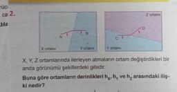 rüc
ca 2.
klıla
X ortamı
A
B
Y ortamı
CV
Y ortamı
D
Z ortamı
X, Y, Z ortamlarında ilerleyen atmaların ortam değiştirdikleri bir
anda görünümü şekillerdeki gibidir.
Buna göre ortamların derinlikleri hy, hy ve h₂ arasındaki iliş-
ki nedir?