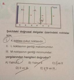 8.
X
K
X
X X
M
D) II ve II
X
X
Tepe
Şekildeki doğrusal dalgalar üzerindeki noktalar
için,
@ K noktası çukur noktasıdır.
II. L noktasının genliği maksimumdur.
III. M noktasının genliği minimumdur.
yargılarından hangileri doğrudur?
A) Yalnız
B) Yalnız 11
C) Ove II
E) I ve III