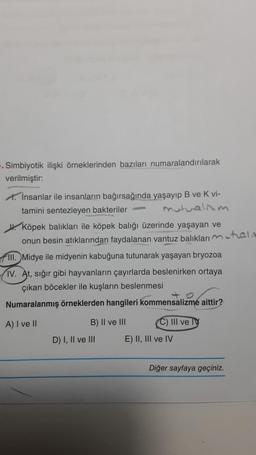 -. Simbiyotik ilişki örneklerinden bazıları numaralandırılarak
verilmiştir:
A. İnsanlar ile insanların bağırsağında yaşayıp B ve K vi-
tamini sentezleyen bakteriler
mutuelim
Köpek balıkları ile köpek balığı üzerinde yaşayan ve
onun besin atıklarından faydalanan vantuz balıkları mala
111. Midye ile midyenin kabuğuna tutunarak yaşayan bryozoa
IV. At, sığır gibi hayvanların çayırlarda beslenirken ortaya
çıkan böcekler ile kuşların beslenmesi
Numaralanmış örneklerden hangileri kommensalizme aittir?
A) I ve II
B) II ve III
D) I, II ve III
C) III ve Ty
E) II, III ve IV
Diğer sayfaya geçiniz.