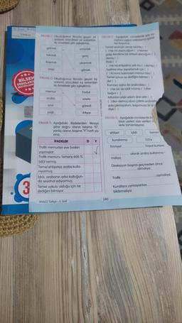 Sidol Berl
BILSEM
SORULARIY
DESTEKLENM
***
3
Etkinlik C. Okuduğunuz fikrada geçen zit
anlamlı sözcükleri zıt anlamlan
ile örnekteki gibi eşleştiriniz.
yürümek
gelmek
takmak
koşmak
yaşlı
memur
Etkinlik D: Okuduğunuz fikrada geçen eş
anlamlı sözcükleri eş anlamları
ile örnekteki gibi eşleştiriniz.
hudut
araba
sınır
yaşlı
İFADELER
genç
çıkarmak
afik memurları eve baskın
yapmışlar.
Etkinlik E: Aşağıdaki ifadelerden fıkraya
göre doğru olanın başına "D",
yanlış olanın başına "Y" harfi ya-
Ziniz.
gitmek
Temel ehliyetsiz araba kulla-
niyormuş.
vasıta
Trafik memuru Temel'e 600 TL
ödül vermiş.
Temel uykulu olduğu için ne
dediğini bilmiyor.
ANALİZ Türkçe - 3. Sınıf
görevli
ihtiyar
idris, arabanın arka koltuğun-
da seyahat ediyormuş.
D Y
Etkinlik F. Aşağıdaki cümlelerde yay ay
raçlara uygun noktalama işaret-
leri koyunuz.
Temel sevinçle cevap vermiş! 1
I1Ne mi yapacağum ( Hemen
gidip kendime bir ehliyet alacağum (1
demiş ( )
Polis ( )
{}Ne ne ehliyetiniz yok mu () demiş ( )
Fadime olayı toparlamak için [ ]
() Kusura bakmayın memur bey ( )
Temel içince ne dediğini bilmez ( )
der ( )
ANALIZ YAYINLARI
Komiser daha da şaşkınlıkla (1
( )Ne bir de içkili misiniz ( ) diye
bağırır ( )
Arkadan yaşlı adam öne atılır ( )
( )Ben demuş idum çalıntı arabayla
yola çıkmayalum, başumuza bi iş
diye ( )
Etkinlik G: Aşağıdaki cümlelerde b
kılan yerleri size verilen s
lerle tamamlayınız.
içkili
180
ehliyet
kurallarına
Emniyet..
Trafik.
kemeri
155'e
hayat kurtanr.
olarak araba kullanma -
malıyız.
Direksiyon başına geçmeden önce
almalıyız.
Kurallara uymayanlan
bildirmeliyiz.
uymalıyız.