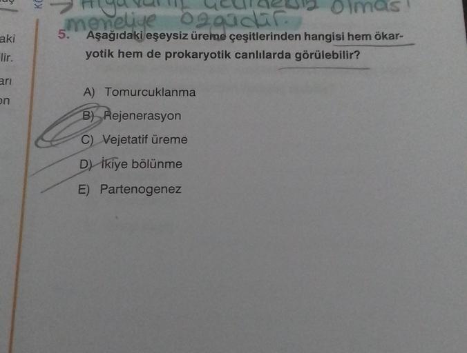 aki
lir.
arı
on
KE
Olmas
menelive 02qdir.
5. Aşağıdaki eşeysiz üreme çeşitlerinden hangisi hem ökar-
yotik hem de prokaryotik canlılarda görülebilir?
A) Tomurcuklanma
B) Rejenerasyon
C) Vejetatif üreme
D) ikiye bölünme
E) Partenogenez