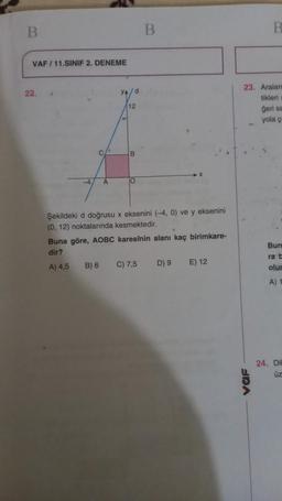 VAF/11.SINIF 2. DENEME
22.
C
-4 A
/d
12
B) 6
B
0
Şekildeki d doğrusu x eksenini (-4, 0) ve y eksenini
(0, 12) noktalarında kesmektedir.
B
Buna göre, AOBC karesinin alanı kaç birimkare-
dir?
A) 4,5
C) 7,5
D) 9
E) 12
B
23. Araları
tikleri
vaF
geri sa
yola ç
Bun
ra b
olun
A) 1
24. Dil
üz