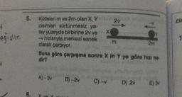 4
eğişika.
5. Kütleleri m ve 2m olan X, Y
cisimleri sürtünmesiz ya-
tay yüzeyde birbirine 2v ve
-v hızlanıyla merkezi esnek
olarak çarpıyor.
6.
A)-3v
X
B)-2v
2v
Buna göre çarpışma sonra X in Y ye göre hızı ne-
dir?
C) -v
m
2m
D) 2v
E) 3v
ES