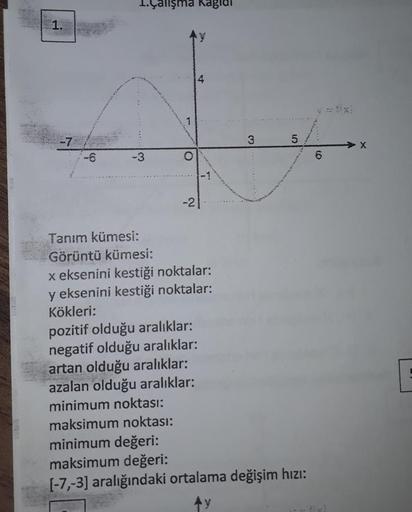 1.
-7
-3
alışma Kagial
and
-21-
3
1.0
5
Tanım kümesi:
Görüntü kümesi:
x eksenini kestiği noktalar:
y eksenini kestiği noktalar:
Kökleri:
pozitif olduğu aralıklar:
negatif olduğu aralıklar:
artan olduğu aralıklar:
azalan olduğu aralıklar:
minimum noktası:
m