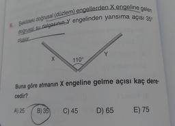 6. Şekildeki doğrusal (düzlem) engellerden X engeline gelen
doğrusal su dalgasının Y engelinden yansıma açısı 35⁰
oluyor.
A) 25
X
B) 35
110°
Buna göre atmanın X engeline gelme açısı kaç dere-
cedir?
Y
C) 45
D) 65
E) 75