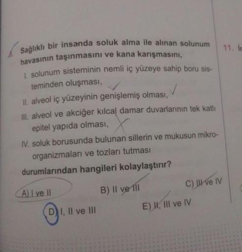 Sağlıklı bir insanda soluk alma ile alınan solunum
havasının taşınmasını ve kana karışmasını,
1. solunum sisteminin nemli iç yüzeye sahip boru sis-
teminden oluşması,
✓
II. alveol iç yüzeyinin genişlemiş olması,
III. alveol ve akciğer kılcal damar duvarlar