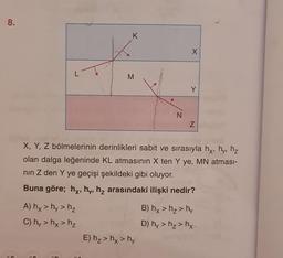 8.
L
A) hx > hy > h₂
C) hy > hx > h₂
- 1
K
M
N
E) h₂> hx > hy
X
X, Y, Z bölmelerinin derinlikleri sabit ve sırasıyla hx, hy, h₂
olan dalga leğeninde KL atmasının X ten Y ye, MN atması-
nın Z den Y ye geçişi şekildeki gibi oluyor.
Buna göre; hx, hy, h₂ arasındaki ilişki nedir?
Y
N
B) hx > h₂> hy
D) hy > h₂> hx.