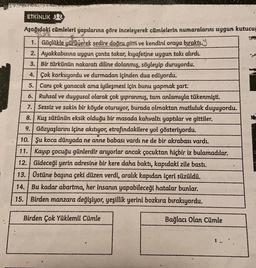 ETKINLIK
Aşağıdaki cümleleri yapılarına göre inceleyerek cümlelerin numaralarını uygun kutucuğ
1. Güçlükle yürüyerek şedire doğru gitti ve kendini oraya bıraktı.
Ayakkabısına uygun çanta takar, kıyafetine uygun takı alırdı.
3. Bir türkünün nakaratı diline dolanmış, söyleyip duruyordu.
2.
4. Çok korkuyordu ve durmadan içinden dua ediyordu.
5. Canı çok yanacak ama iyileşmesi için bunu yapmak şart:
6. Ruhsal ve duygusal olarak çok yıpranmış, tam anlamıyla tükenmişti.
7. Sessiz ve sakin bir köyde oturuyor, burada olmaktan mutluluk duyuyordu.
8. Kuş sütünün eksik olduğu bir masada kahvaltı yaptılar ve gittiler.
9. Gözyaşlarını içine akıtıyor, etrafındakilere yol gösteriyordu.
10. Şu koca dünyada ne anne babası vardı ne de bir akrabası vardı.
11. Kayıp çocuğu günlerdir arıyorlar ancak çocuktan hiçbir iz bulamadılar.
12. Gideceği yerin adresine bir kere daha baktı, kapıdaki zile bastı.
13. Üstüne başına çeki düzen verdi, aralık kapıdan içeri süzüldü.
14. Bu kadar abartma, her insanın yapabileceği hatalar bunlar.
15. Birden manzara değişiyor, yeşillik yerini bozkıra bırakıyordu.
Birden Çok Yüklemli Cümle
Bağlacı Olan Cümle