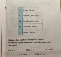 4.
1.
Ankara Savaşı
II. Mustafa Çelebi İsyanı
III. Şeyh Bedrettin İsyanı
IV. Palekanon Savaşı
V. Niğbolu Savaşı
Bu tablodaki olaylardan hangileri Osmanlı
Devleti'nin beylikten devlete geçiş sürecinde zarar
vermiştir?
A) I ve IV
B) IV ve V
D) II, III ve IV
C) I, II ve III
E) III, IV ve V