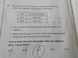 25.
Aslı ile Kerem, renk ve kenar uzunluğu aşağıdaki tabloda
verilen küp şeklindeki tahta bloklarla oynuyorlar.
●
Renk
Yeşil
Mavi
A) 5
• Aslı, x tane yeşil tahta bloğu üst üste dizerek bir kule
yapıyor.
Bir kenar uzunluğu
log2 cm
log5 cm
21082
21085
Kerem de 2'si yeşil, 2'si mavi olmak üzere toplam 4 tahta
bloğu üst üste dizerek bir kule yapmıştır.
Aslı'nın kulesi Kerem'in kulesinden daha uzun olduğuna
göre, x en az kaçtır?
B) 6
7
D) 8
E) 9