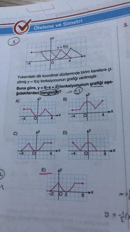 -2
✔
1.
Yukarıdaki dik koordinat düzleminde birim karelere çi-
zilmiş y = f(x) fonksiyonunun grafiği verilmiştir.
A)
Öteleme ve Simetri
Buna göre, y = f(-x+2) fonksiyonunun grafiği aşa-
ğıdakilerden hangisidir?
C)
-4 O
-4
AY
y = f(x)
AY
E)
X
AY
B)
D)
-202
-4
AY
10
O
6
O
X
4
3.
y = -1/(?