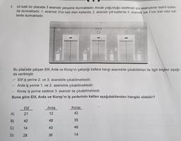 1. 54 katlı bir plazada 3 asansör yanyana durmaktadır. Ancak yoğunluğu azaltmak için asansörler belirli katlar-
da durmaktadır. 1. asansör 3'ün katı olan katlarda, 2. asansör çift katlarda 3. asansör ise 7'nin katı olan kat-
larda durmaktadır.
11
Bu plazada çalışan Elif, Arda ve Koray'ın çalıştığı katlara hangi asansörle çıkabildikleri ile ilgili bilgiler aşağı-
da verilmiştir.
✓ Elif iş yerine 2. ve 3. asansörle çıkabilmektedir.
Arda iş yerine 1. ve 2. asansörle çıkabilmektedir.
Koray iş yerine sadece 3. asansör ile çıkabilmektedir.
Buna göre Elif, Arda ve Koray'ın iş yerlerinin katları aşağıdakilerden hangisi olabilir?
A)
B)
C)
D)
Elif
21
42
14
28
Arda
12
48
40
36
OPM T
Koray
42
35
49
14.