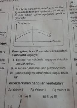 münite
aman
Yıl)
ikteki
'n re-
aşa-
ası
koloj
13.
Simbiyotik ilişki içinde olan A ve B canlıları
t, anında birbirinden ayrılmıştır. Bu süreç-
te elde edilen veriler aşağıdaki grafikte
çizilmiştir.
Birey sayısı
t₁
A
B
Buna göre, A ve B canlıları arasındaki
simbiyotik ilişkiye;
A) Yalnız I
Zaman
( D) I ve II
1. baklagil ve kökünde yaşayan rhizobi-
um bakterileri,
II. insan kanında bulunan plazmodyum,
III. köpek balığı ve etrafındaki küçük balık-
lar
örneklerinden hangileri verilebilir?
B) Yalnız II
16.
Sükse
lerin z
göste
C) Yalnız III
E) II ve III
Aşağ
değiş
Bi
Bu
I
1