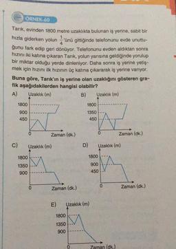 ÖRNEK-60
Tarık, evinden 1800 metre uzaklıkta bulunan iş yerine, sabit bir
4
hızla giderken yolun ünü gittiğinde telefonunu evde unuttu-
ğunu fark edip geri dönüyor. Telefonunu evden aldıktan sonra
hızını iki katına çıkaran Tarık, yolun yarısına geldiğinde yorulup
bir miktar olduğu yerde dinleniyor. Daha sonra iş yerine yetiş-
mek için hızını ilk hızının üç katına çıkararak iş yerine varıyor.
Buna göre, Tarık'ın iş yerine olan uzaklığını gösteren gra-
fik aşağıdakilerden hangisi olabilir?
A)
Uzaklık (m)
B)
1800
900
450
C)
1800
1350
900
0
Zaman (dk.)
Uzaklık (m)
0
Zaman (dk.)
E)
1800
1350
900
0
1800
1350
450
D)
Uzaklık (m)
Uzaklık (m)
A
0
1800
900
450
Uzaklık (m)
A
0
Zaman (dk.)
Zaman (dk.)
Zaman (dk.)