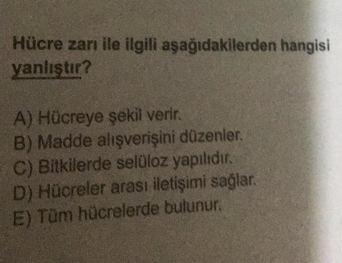 Hücre zarı ile ilgili aşağıdakilerden hangisi
yanlıştır?
A) Hücreye şekil verir.
B) Madde alışverişini düzenler.
C) Bitkilerde selüloz yapılıdır.
D) Hücreler arası iletişimi sağlar.
E) Tüm hücrelerde bulunur,