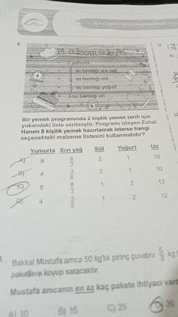 8.
A) 10
4
8
Makemel
2 yumurta
Bir yemek programında 2 kişilik yemek tarifi için
yukarıdaki liste verilmiştir. Programı izleyen Zuhal
Hanım 8 kişilik yemek hazırlamak isterse hangi
seçenekteki malzeme listesini kullanmalıdır?
4
Yumurta Sıvı yağ
8
KAZANIM DEGERLEND
su bardağı yağ
su bardağı süt
su bardağı yoğurt
3 su bardagi un
83 3883
Süt
2
2
1
1
Yoğurt
1
1
2
2
11. (11)
Un
10
10
12
12
A)
12
Bakkal Mustafa amca 50 kg'lik pirinç çuvalını kg
paketlere koyup satacaktır.
Mustafa amcanın en az kaç pakete ihtiyacı vard
B) 15
C) 25
30