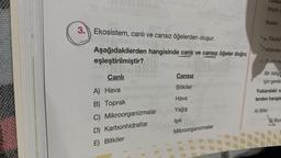 3. Ekosistem, canlı ve cansız öğelerden oluşur.
Aşağıdakilerden hangisinde canlı ve cansız öğeler doğru
eşleştirilmiştir?
Canlı
A) Hava
B) Toprak
C) Mikroorganizmalar
D) Karbonhidratlar
E) Bitkiler
Cansız
Bitkiler
Hava
Yağış
Işık
Mikroorganizmalar
birçok c
Bunlar:
Kayaçl
Canlilar
Besin ma
Bir bölge
için gerek
Yukarıdaki sa
lerden hangis
A) Bitki
Biyc