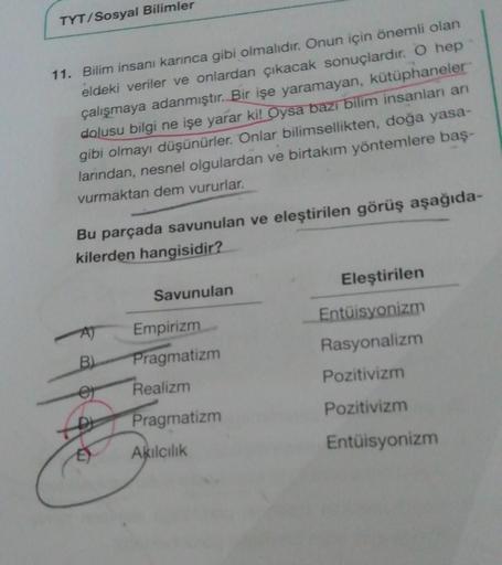 TYT/Sosyal Bilimler
11. Bilim insanı karınca gibi olmalıdır. Onun için önemli olan
eldeki veriler ve onlardan çıkacak sonuçlardır. O hep
çalışmaya adanmıştır. Bir işe yaramayan, kütüphaneler
dolusu bilgi ne işe yarar ki! Oysa bazı bilim insanları arı
gibi