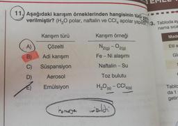 11. Aşağıdaki karışım örneklerinden hangisinin türü yan
verilmiştir? (H₂O polar, naftalin ve CCI apolar yapılıdır. 3. Tabloda ay
4
nama sıca
A)
B)
C)
D)
€)
Karışım türü
Çözelti
Adi karışım
Süspansiyon
Aerosol
Emülsiyon
homosan
Karışım örneği
N2(g) - O2(g)
Fe - Ni alaşımı
Naftalin - Su
Toz bulutu
H₂O(s) - CCl4(s)
waldi
Madc
Etil a
Gli
C
Tabla
da 1
getiri