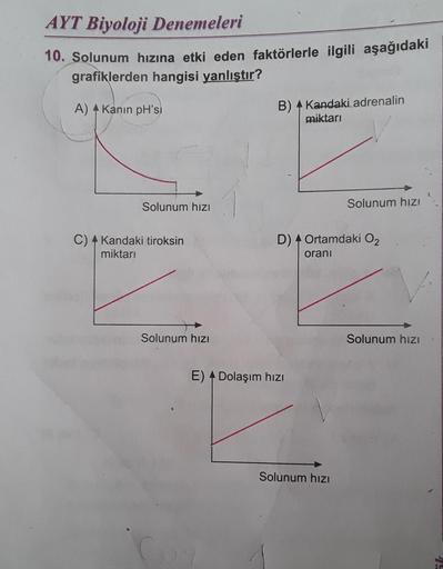 AYT Biyoloji Denemeleri
10. Solunum hızına etki eden faktörlerle ilgili aşağıdaki
grafiklerden hangisi yanlıştır?
A) + Kanin pH'si
Solunum hızı
C) Kandaki tiroksin
miktarı
Solunum hızı
B) Kandaki adrenalin
miktarı
D) Ortamdaki O₂
oranı
E) Dolaşım hızı
Solu