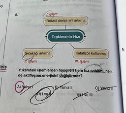 erji
-ëis
Yayınlan
5.
ev
A) Yalnız
1. işlem
Reaktif derişimini artırma
Sıcaklığı artırma
TI. işlem
hollaned nebralmen
Katalizör kullanma
III. işlem
Yukarıdaki işlemlerden hangileri hem hız sabitini, hem
de aktifleşme enerjisini değiştirmez?
Tepkimenin Hızı
B Yalnız II
D) I vey
Extve III
C) Yalnız
e
6