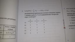 arasında gerçekleşen
n
KY
2
Artan madde
kütlesi
0,5 mgY
2. CxH5(OH)y+0₂ 3CO2 + Z H₂O
denkleştirilmiş tepkimesinde ürünlerin katsayıları toplamı
7 olduğuna göre X, Y ve Z aşağıdakilerden hangisinde
doğru verilmiştir?
A)
B)
C)
D)
E)
X
3
32 33
2
Y
3
5
3
2
3
N|T
4
4
4
4
5
3D YAYINLARI
Sabit hacimli kap
5C(k) + 2SO2(g)
tepkimesi ger-
dönüldüğüne
I. Kaptaki
II. Moleki
III. Gaz k
yargılarınd
A) Yalnız I
6.