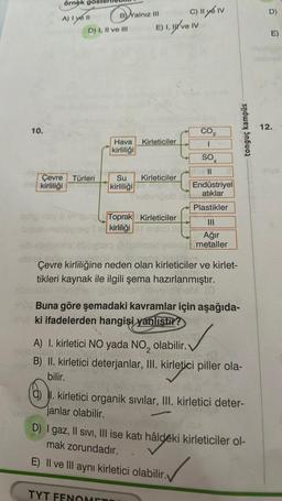 10.
örnek göst
A) I yo 11
Çevre Türleri
kirliliği
BY
D) I, II ve III
angmelain
BYalnız III
C) Il yo Iv
E) I, II ve IV
Hava
kirliliği
TYT FENO
Kirleticiler
Su Kirleticiler
kirliliği
Toprak Kirleticiler
kirliliği at
DIET
CO₂
1
Sox
X
Endüstriyel
atıklar
Plastikler
seri velaa
op........attol
sh;.all....m
Çevre kirliliğine neden olan kirleticiler ve kirlet-
Ağır
metaller
tikleri kaynak ile ilgili şema hazırlanmıştır.
en (Obshes
erop Buna göre şemadaki kavramlar için aşağıda-
inya ki ifadelerden hangisi yanlıştır?
tonguç kampüs
WAUKEH BIGUID
A) 1. kirletici NO yada NO, olabilir.
npr.
B) II. kirletici deterjanlar, III. kirletici piller ola-
bilir.
16t
9) 1. kirletici organik sıvılar, III. kirletici deter-
janlar olabilir.
D) I gaz, II sivi, III ise katı hâldeki kirleticiler ol-
mak zorundadır.
E) II ve III aynı kirletici olabilir.
SAWA
Ô
m
12.
inys