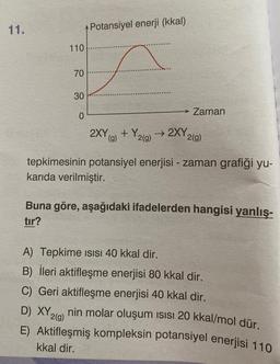 11.
110
70
30
0
Potansiyel enerji (kkal)
2XY (g) + Y₂ 2(g)
→ 2XY,
Zaman
2(g)
tepkimesinin potansiyel enerjisi - zaman grafiği yu-
karıda verilmiştir.
Buna göre, aşağıdaki ifadelerden hangisi yanlış-
tır?
A) Tepkime ISISI 40 kkal dir.
B) İleri aktifleşme enerjisi 80 kkal dir.
C) Geri aktifleşme enerjisi 40 kkal dir.
D) XY 2(g)
E) Aktifleşmiş kompleksin potansiyel enerjisi 110
kkal dir.
nin molar oluşum Isısı 20 kkal/mol dür.