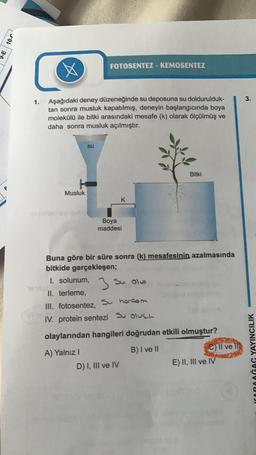 10.
X
1. Aşağıdaki deney düzeneğinde su deposuna su doldurulduk-
tan sonra musluk kapatılmış, deneyin başlangıcında boya
molekülü ile bitki arasındaki mesafe (k) olarak ölçülmüş ve
daha sonra musluk açılmıştır.
Musluk
naysleevey
161
FOTOSENTEZ - KEMOSENTEZ
su
Boya
maddesi
K
3=
Buna göre bir süre sonra (k) mesafesinin azalmasında
bitkide gerçekleşen;
1. solunum,
II. terleme,
III. fotosentez, Su horcom
IV. protein sentezi Solus
Su olu
Bitki
D) I, III ve IV
olaylarından hangileri doğrudan etkili olmuştur?
A) Yalnız I
B) I ve II
C) Il ve Ill
E) II, III ve IV
3.
YAYINCILIK