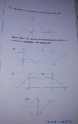 4D Serisi Ⓡ
11. Aşağıda y = f(x) fonksiyonunun grafiği verilmiştir.
A)
f(x)
Buna göre, f(x) fonksiyonunun x eksenine göre, si-
metriği aşağıdakilerden hangisidir?
C)
4
YA 3
2
O
3
2
YA
3
B)
4
D)
44
X
X
11. Sınıf-MATEMATİK