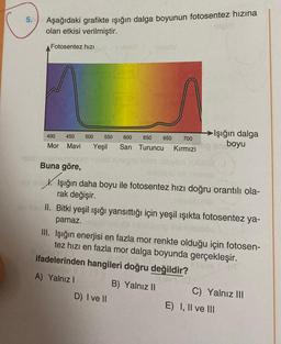 5.
Aşağıdaki grafikte ışığın dalga boyunun fotosentez hızına
olan etkisi verilmiştir.
Fotosentez hızı
400
450 500 550 600 650 650
Mor Mavi Yeşil Sarı Turuncu
-ojot phenom
Buna göre,
700
Kırmızı
eo and X. Işığın daha boyu ile fotosentez hızı doğru orantılı ola-
rak değişir.
Smiu
II. Bitki yeşil ışığı yansıttığı için yeşil ışıkta fotosentez ya-
pamaz.
→Işığın dalga
boyu
III. Işığın enerjisi en fazla mor renkte olduğu için fotosen-
tez hızı en fazla mor dalga boyunda gerçekleşir.
ifadelerinden hangileri doğru değildir?
12
A) Yalnız I
D) I ve II
B) Yalnız II
C) Yalnız III
E) I, II ve III