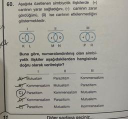 60. Aşağıda özetlenen simbiyotik ilişkilerde (+)
canlının yarar sağladığını, (-) canlının zarar
gördüğünü, (0) ise canlının etkilenmediğini
göstermektedir.
11
KL
11
M N
PR
Buna göre, numaralandırılmış olan simbi-
yotik ilişkiler aşağıdakilerden
hangisinde
doğru olarak verilmiştir?
I
0
Kommensalizm
Parazitizm
||
A Mutualizm
Parazitizm
B) Kommensalizm Mutualizm
C) Parazitizm
Kommensalizm
Parazitizm
Mutualizm
|||
Kommensalizm
Parazitizm
Mutualizm
Mutualizm
Kommensalizm
Diğer sayfaya geçiniz...