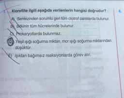 Klorofille ilgili aşağıda verilenlerin hangisi doğrudur?
A Sentezinden sorumlu gen tüm ototrof canlılarda bulunur.
B Bitkinin tüm hücrelerinde bulunur.
Prokaryotlarda bulunmaz.
Yeşil ışığı soğurma miktarı, mor ışığı soğurma miktarından
so düşüktür.
UY
E) Işıktan bağımsız reaksiyonlarda görev alır.
og phe neblim emüvad matulo post snad istim
Qibla nahisigot ebrie
rin sirt soinseolo
alte istom
they
J
4.