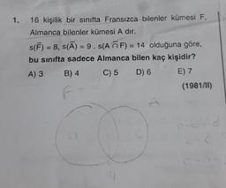 1.
16 kişilik bir sınıfta Fransızca bilenler kümesi F,
Almanca bilenler kümesi A dir.
s(F) = 8, s(A) = 9. s(AF) = 14 olduğuna göre,
bu sınıfta sadece Almanca bilen kaç kişidir?
C) 5 D) 6
A) 3 B) 4
E) 7
F
A
(1981/11)
2