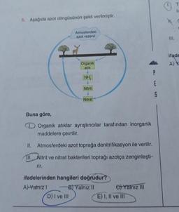 5. Aşağıda azot döngüsünün şekli verilmiştir.
Buna göre,
Atmosferdeki
azot rezervi
Organik
atık
NH3
D) I ve III
Nitrit
Nitrat
Organik atıklar ayrıştırıcılar tarafından inorganik
maddelere çevrilir.
II.
Atmosferdeki azot toprağa denitrifikasyon ile verilir.
II. Nitrit ve nitrat bakterileri toprağı azotça zenginleşti-
rir.
ifadelerinden hangileri doğrudur?
A) Yalnız I
B) Yalnız II
e) Yalnız III
P
E) I, II ve III
E
S
M.
III.
In
ifade
A) K