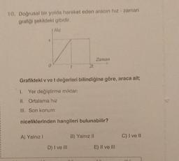 10. Doğrusal bir yolda hareket eden aracın hız - zaman
grafiği şekildeki gibidir.
Hiz
V
M
0
t
A) Yalnız I
1.
II. Ortalama hiz
III. Son konum
Grafikteki v vet değerleri bilindiğine göre, araca ait;
Yer değiştirme miktarı
2t
niceliklerinden hangileri bulunabilir?
D) I ve III
Zaman
B) Yalnız II
11 (X
E) II ve III
nn
C) I ve II
10 C