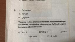 8.
I. Peribacaları
II. Kanyon
III. Çağlayan
Yukarıda verilen akarsu aşındırması sonucunda oluşan
şekillerden hangilerinin oluşmasında farklı dirençteki
kayaçların etkisi olmuştur?
A) Yalnız II
D) II ve III
B) Yalnız II
E) I, II ve III
C) I ve II