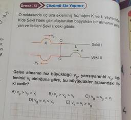 Tr.
en
Örnek 12 Çözümü Siz Yapınız
yans
O noktasında uç uca eklenmiş homojen K ve L yaylarından
K'de Şekil l'deki gibi oluşturulan başyukarı bir atmanın
yan ve iletileni Şekil Il'deki gibidir.
K
A) Vg > Vy > Vi
Vi
Şekil I
Gelen atmanın hız büyüklüğü v,, yansıyanınki
leninki v; olduğuna göre, bu büyüklükler arasındaki iliş
Vy, ileti-
ki nedir?
D) Vg = V₁ > Vy
Şekil II
B) vy > Vg > Vi C) Vg = Vy > V₁
E) vy = V₁ > Vg