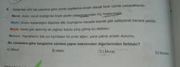 4. Aşağıdaki dört kişi yapısına göre cümle çeşitlerine örnek olacak birer cümle yazacaklardır.
Meral: Aslan, kendi krallığında böyle şeyler yaşanmasından hiç hoşlanmadı.
Metin: Sınavı kazandığını düşünen tilki, kuyruğunu havada bayrak gibi sallayarak kenara çekildi.
Murat: Sanki gök delinmiş de yağmur bulutu çıkıp gitmiş bu delikten.
Muhsin: Yapraklarını bile zor kıpırdatan bir çınar ağacı, yana yakıla anlattı durumu.
Bu cümlelere göre hangisinin cümlesi yapısı bakımından diğerlerinden farklıdır?
A) Meral
B) Metin
C) Murat
D) Muhsin