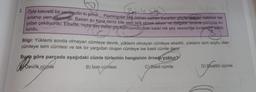 2. Öyle kasvetli bir yerdeydin ki şimdi... Flamingolar bile zaman zaman buradan göçüp gidiyor, balıklar ise
avlanıp yem oluyordu. Bazen şu koca deniz bile seni terk etmek istiyor ve dalgalar tersine yürüyüp kı-
yıdan çekiliyordu. Elbette, hiçbir şey eskisi gibi kalmıyordu, Baki kalan tek şey, sessizliğe birakeğin sükü-
tundu.
Bilgi: Yüklemi sonda olmayan cümleye devrik, yüklemi olmayan cümleye eksiltili, yüklemi isim soylu olan
cümleye isim cümlesi ve tek bir yargıdan oluşan cümleye ise basit cümle denir.
Buna göre parçada aşağıdaki cümle türlerinin hangisinin örneği yoktur?
Devrik cümle
B) İsim cümlesi
C) Basit cümle
D) Eksiltili cümle