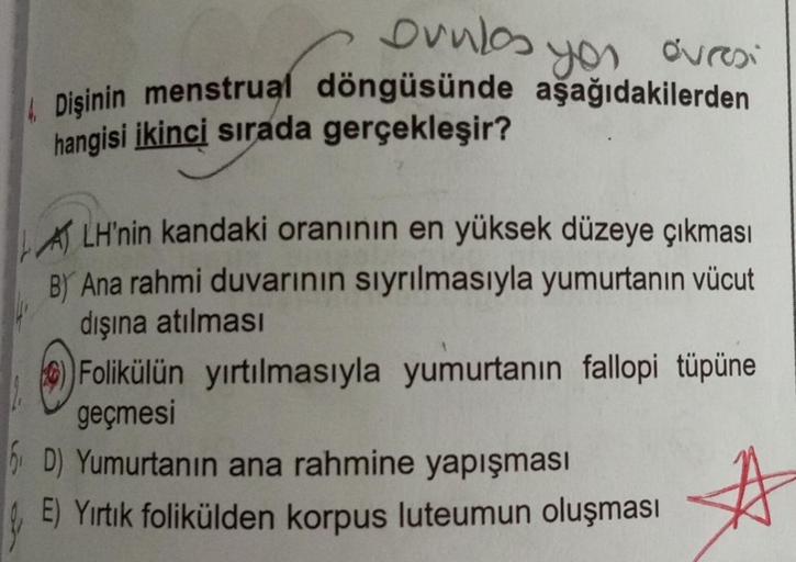 Dunlos
you
4. Dişinin menstrual döngüsünde aşağıdakilerden
hangisi ikinci sırada gerçekleşir?
évresi
ALH'nin kandaki oranının en yüksek düzeye çıkması
B) Ana rahmi duvarının sıyrılmasıyla yumurtanın vücut
dışına atılması
Folikülün yırtılmasıyla yumurtanın