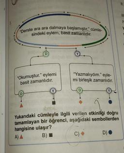 "Derste ara ara dalmaya başlamıştır." cümle-
sindeki eylem, basit zamanlıdır.
"Okumuştur." eylemi
basit zamanlıdır.
"Yazmalıydım." eyle-
mi birleşik zamanlıdır.
abribe.
Yukarıdaki cümleyle ilgili verilen etkinliği doğru
tamamlayan bir öğrenci, aşağıdaki sembollerden
hangisine ulaşır?
A) A
B)
D).
11.
110