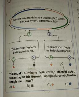 "Derste ara ara dalmaya başlamıştır." cümle-
sindeki eylem, basit zamanlıdır.
"Okumuştur." eylemi
basit zamanlıdır.
"Yazmalıydım." eyle-
mi birleşik zamanlıdır.
abribe.
Yukarıdaki cümleyle ilgili verilen etkinliği doğru
tamamlayan bir öğrenci, aşağıdaki sembollerden
hangisine ulaşır?
A) A
B)
D).
11.
110