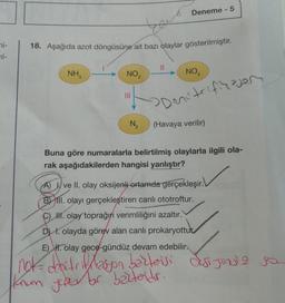 mi-
71-
18. Aşağıda azot döngüsüne ait bazı olaylar gösterilmiştir.
NH3
NO ₂
|||
||
todo
N₂
Deneme - 5
NO 3
Denitrificator
(Havaya verilir)
Buna göre numaralarla belirtilmiş olaylarla ilgili ola-
rak aşağıdakilerden hangisi yanlıştır?
A) ve II. olay oksijenli ortamda gerçekleşir.
Bll. olayı gerçekleştiren canlı ototroftur.
C) I. olay toprağın verimliliğini azaltır.
D) I. olayda görev alan canlı prokaryottur
E) H. olay gece-gündüz devam edebilir.
not-denitrif/Masyon barteisi asijersiz sa
knum yover or bazteridur.