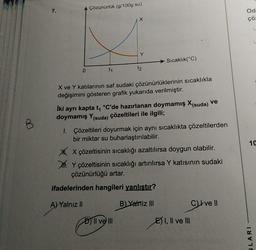 7.
0
Çözünürlük (g/100g su)
t₁
X
Y
t2
X ve Y katılarının saf sudaki çözünürlüklerinin sıcaklıkla
değişimini gösteren grafik yukarıda verilmiştir.
DII ve III
Sıcaklık(°C)
İki ayrı kapta t₁ °C'de hazırlanan doymamış X(suda) ve
doymamış Y(suda) çözeltileri ile ilgili;
1. Çözeltileri doyurmak için aynı sıcaklıkta çözeltilerden
bir miktar su buharlaştırılabilir.
XX çözeltisinin sıcaklığı azaltılırsa doygun olabilir.
Y çözeltisinin sıcaklığı artırılırsa Y katısının sudaki
çözünürlüğü artar.
ifadelerinden hangileri yanlıştır?
A) Yalnız II
B) Yalniz III
C) Ive Il
EI, II ve III
Od
çö-
L
10
NLARI