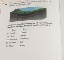 11. Apagidaki pekilde kunna sonucu oluşmuş bir yer
poksinin kesit glistermiştir.
Yukarıdaki şekilde verilen K ve L bölgeleri aşağı-
dakilerin hangisinde doğru olarak verilmiştir?
A) Horst
By Dayk
C) Antiklinal
D) Kaldera
E) Maar
Graben
Batolit
Senklinal
Sill
Krater