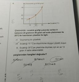 ili;
zelti
SI
INLARI
4.
E
80
60
8 /
50
A Çözünürlük (g X/100 g su)
10
195
20
Çözünürlük - sıcaklık grafiği yukarıda verilen X
katısının 20 gramının 40 gram saf suda çözünmesi ile
20°C'de hazırlanan çözeltisi ile ilgili;
30
✓ Doymamış bir çözeltidir.
M. Sıcaklığı 10 °C'ye düşürülürse doygun çözelti oluşur.
III. Sıcaklığı 30°C'ye çıkarılırsa doyması için en az 12
gram X katısı eklenmelidir.
yargılarından hangileri doğrudur?
A Yalnızl
B) Yalnız II
D) Ive !!!
Sıcaklık(°C)
so
32
C) I ve Il
E), II ve III
85
Too