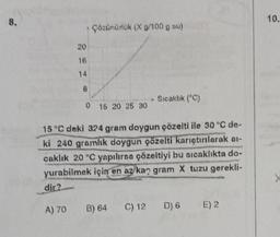 8.
20
16
14
8
A) 70
Çözünürlük (X g/100 g su)
0 15 20 25 30
15 °C deki 324 gram doygun çözelti ile 30 °C de-
ki 240 gramlık doygun çözelti karıştırılarak ci-
caklık 20 °C yapılırsa çözeltiyi bu sıcaklıkta do-
yurabilmek için en az kaç gram X tuzu gerekli-
dir?
* Sıcaklık (°C)
B) 64
C) 12 D) 6 E) 2
10.