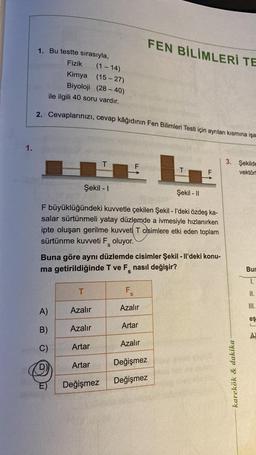 1.
1. Bu testte sırasıyla,
Fizik
(1-14)
Kimya
(15-27)
Biyoloji (28-40)
ile ilgili 40 soru vardır.
2. Cevaplarınızı, cevap kâğıdının Fen Bilimleri Testi için ayrılan kısmına işa
Şekil - I
Şekil - 11
F büyüklüğündeki kuvvetle çekilen Şekil - I'deki özdeş ka-
salar sürtünmeli yatay düzlemde a ivmesiyle hızlanırken
ipte oluşan gerilme kuvveti T cisimlere etki eden toplam
sürtünme kuvveti F oluyor.
S
A)
B)
C)
Buna göre aynı düzlemde cisimler Şekil - Il'deki konu-
ma getirildiğinde T ve F nasıl değişir?
E)
T
Azalır
Azalır
Artar
Artar
Değişmez
Fs
S
Azalır
FEN BİLİMLERİ TE
Artar
Azalır
Değişmez
Değişmez
3. Şekilde
vektörl
karekök & dakika -
Bur
1.
II.
III.
eş